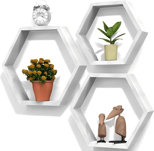 CADUKE Hexagon Floating Shelves Set of 3, White Wooden Hexagon Shelves for Wall Decor, Modern Honeycomb Floating Hanging Shelf, Decorative Wall Organizer for Living Room, Bedroom, Bathroom