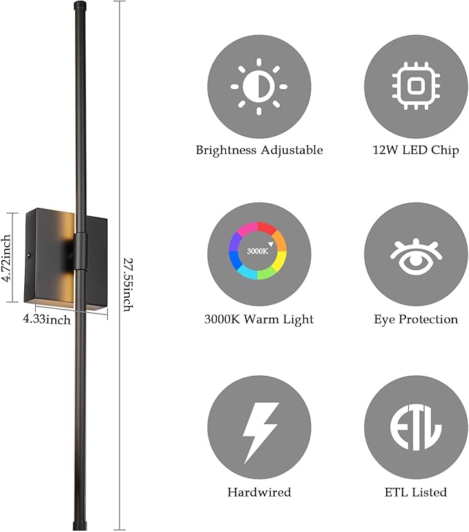 Modern LED Wall Sconces, Hardwired Wall Sconces, 3000K Warm Light Wall Lamp,Black Wall Light Fixtures for Living Room, Bathroom, Bedroom