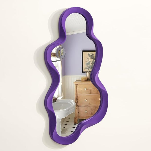 Wavy Wall Mirror for Girly Nursery Bedroom Decoration, 13.8x29.7 Noble Cloud-Shaped Decorative Funky Mirrors for Modern Classical Home Office Living Room Housewarming Birthday Gift (Purple)