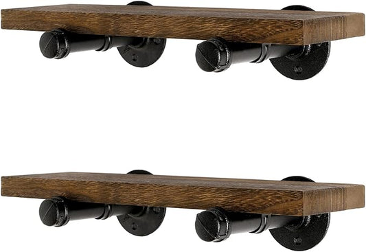 Wall Mounted Floating Shelves, Floating Shelves with Industrial Pipe Brackets Set of 2 Rustic Wood Storage Shelf for Bedroom Living Room Bathroom Kitchen Office and More (2, Brown)