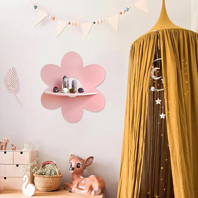 Daisy Flower Floating Shelf Boho Daisy Wall Shelves, 1Pcs 10.6 Inch Large Kawaii Cute Wood Wall Decor Display Shelf for Baby Nursery Living Room Bathroom Bedroom (Pink)