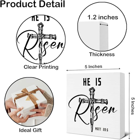 Easter Decor - Religious Gifts for Women Men - He Is Risen Matt 28:6 Wooden Sign Home Office Living Room Bedroom Kitchen Bathroom Desk Table Shelf Decor - 5 x 5 Inches