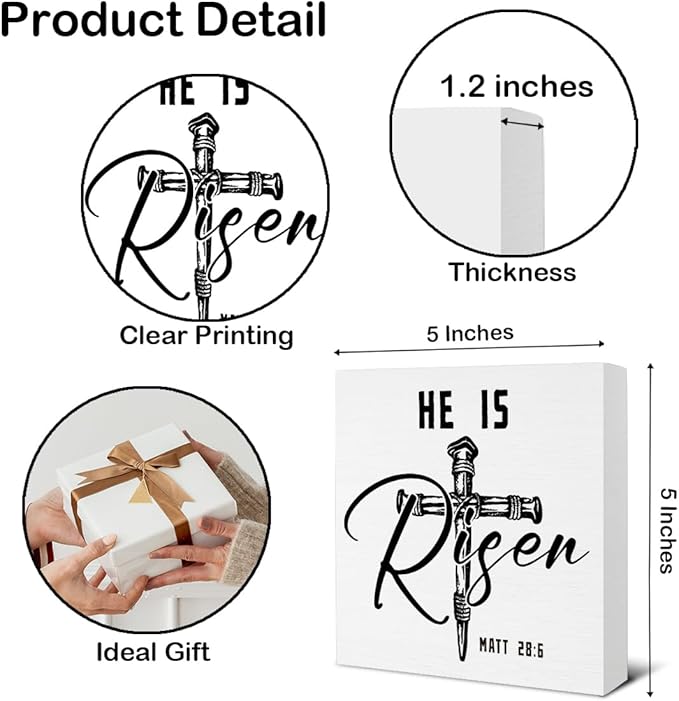Easter Decor - Religious Gifts for Women Men - He Is Risen Matt 28:6 Wooden Sign Home Office Living Room Bedroom Kitchen Bathroom Desk Table Shelf Decor - 5 x 5 Inches