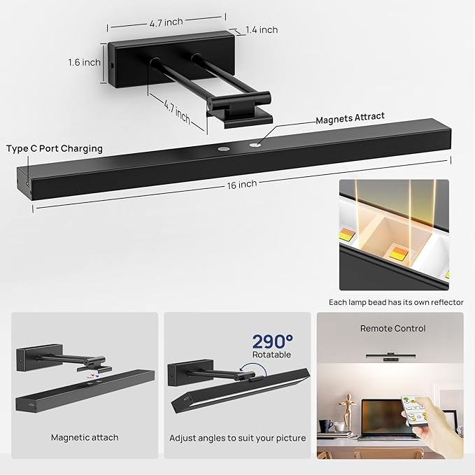 PESUTEN Picture Light Battery Operated, 16in Wireless Art Light for Paintings CCT Dimmable Recharging Battery Picture Light with Remote Control for Gallery Dartboard Art Bedroom Bathroom 2pcs Black