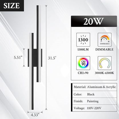 LED Wall Sconce Set of 2 Black Remote Modern LED Vanity Lights Set of 2 Indoor Wall Light Fixtures for Living Room, Dimmable Wall Sconce for Bedside Bedroom Bathroom, 31.5inch 2 Pack
