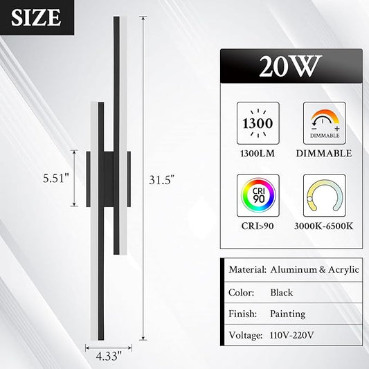 LED Wall Sconce Set of 2 Black Remote Modern LED Vanity Lights Set of 2 Indoor Wall Light Fixtures for Living Room, Dimmable Wall Sconce for Bedside Bedroom Bathroom, 31.5inch 2 Pack