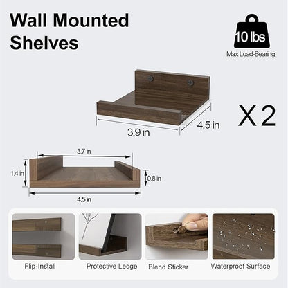 Small Floating Shelves for Wall Decor, Wall Mounted Wood Shelf for Bedroom, Living Room, Bathroom, Kitchen, Nursery, Mini Display Ledge Shelf with Lip Set of 2-4 Inches, Walnut