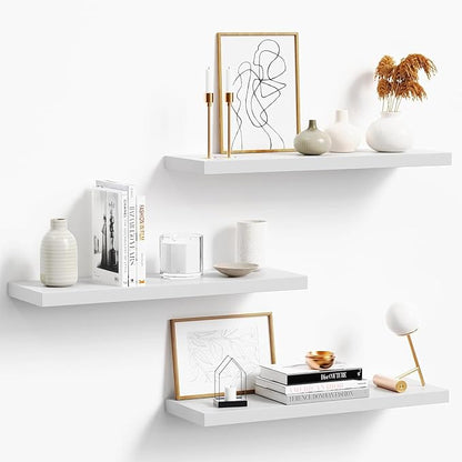 3-Pack 24" White Modern Wooden Floating Shelves, Wall Mounted, Set of 3, 6.7" W x 24" L x 1" H, 25lbs Load Capacity Each, Perfect for Bathroom, Kitchen, Living Room, Bedroom
