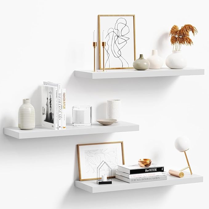 3-Pack 24" White Modern Wooden Floating Shelves, Wall Mounted, Set of 3, 6.7" W x 24" L x 1" H, 25lbs Load Capacity Each, Perfect for Bathroom, Kitchen, Living Room, Bedroom
