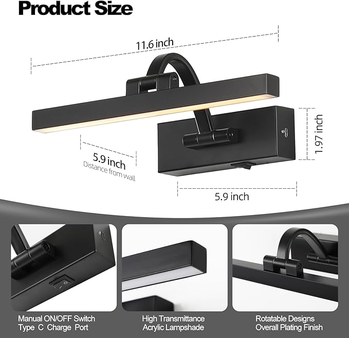 LED Wireless Picture Light with Remote Control,USB Rechargeable Battery Powered Art Lights,Dimmable,Timing,Black Wall Lights for Paintings,Picture Frame,Gallery(Black, 11.62inch)