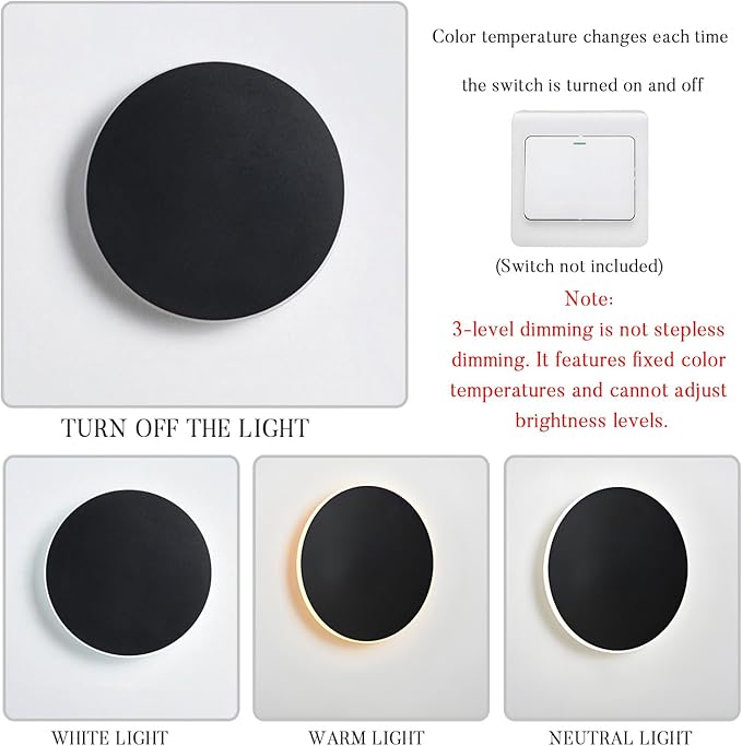 Modern Wall Sconce Light 3-Level Dimming LED Wall Lamp Minimalist White/Black Round Disc Indoor LED Mounted Lamp for Bedroom Living Room Bathroom Corridor Porch Stairs