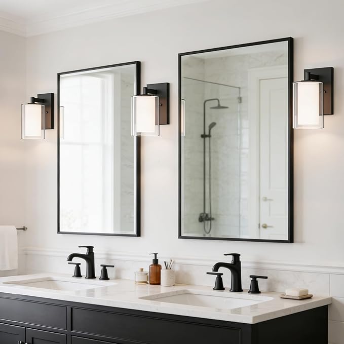 Kalium Wall Sconces Set of Two, Modern Vanity Lights with Double Clear Glass Shade Matte Black Indoor Farmhouse Wall Lights for Bathroom Living Room Bedroom Mirror Hallway Bulb E26 Base (2PCS)