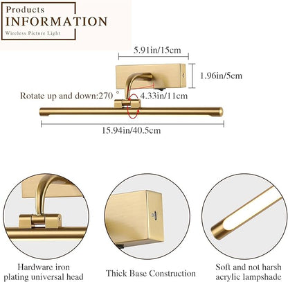 Wireless Picture Light for Wall Battery Operated Rechargeable Art Lights Dimmable Painting Lights Brass Gallery Light with Remote Wall Lights for Display, Artwork, Portrait (15.94Inch)