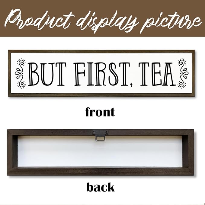 Tea Wood Sign Decor, Country Farmhouse Decoration for Home Kitchen Office, Rustic Teas Bar Decor, Wall Decors Art, Teas Lover Gift, But First Tea Sign, 17.8x4x1.2 inches