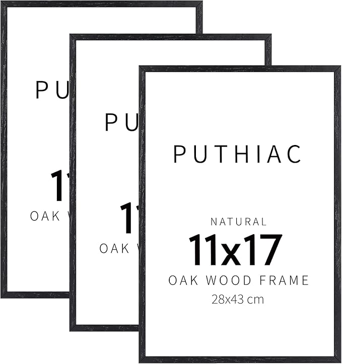 puthiac 11x17 Solid Oak Wood Picture Frame, Fits 8x12 with Mat or 11x17 Without Mat, Wall Display Only, Vertical or Horizontal, Plexi Front, 3 Pack, Black