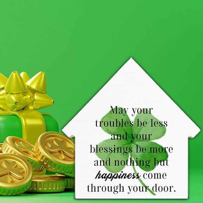 St. Patrick's Day Decor, Clover Decorations, May Your Troubles Be Less and Your Blessings Be More House Shaped Wood Block Sign, Home Decor for Desk Table Shelf, St Patricks Day Decorations