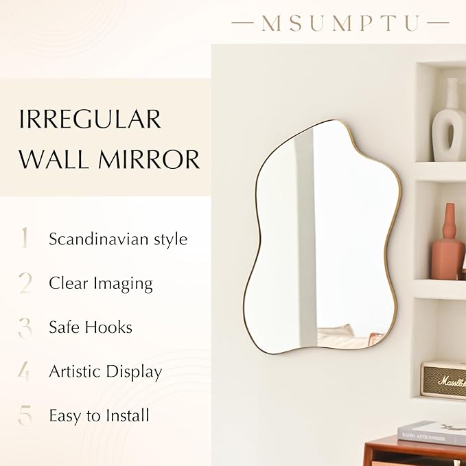 Irregular Wall Mirror Gold Wave Shaped Metal Framed Wall Mirror for Bathroom Bedroom Entryway Living Room Wall Decor 30.5