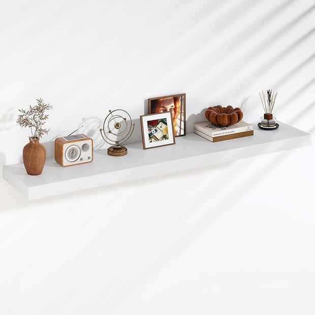 Fun Memories Floating Shelves, 9.3 Inch Deep Solid Pine Wood Wall Shelves for Storage, Rustic Wall Mounted Display Shelf with Invisible Heavy-Duty Metal Bracket, 55 Inch Width, White