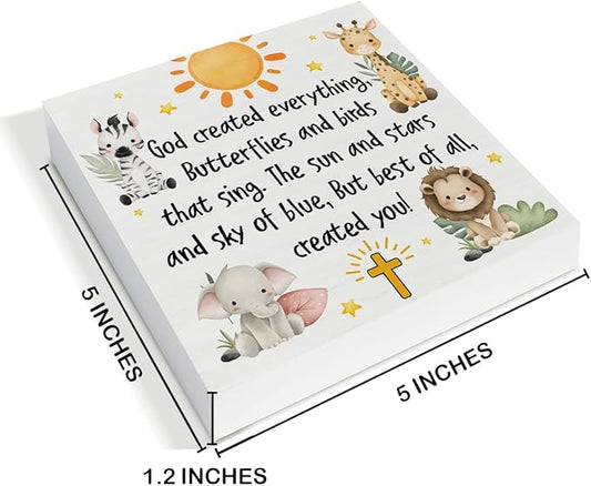 Baptism Gifts for Boy Girl - Christening Gifts for Girls Boys - Nursery Decor - God Crearted Everything Wood Sign Home Nursery Desk Table Shelf Baptism Decorations 5×5 Inches