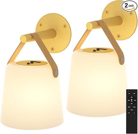 TACAHE Rechargeable Wall Sconce - Plastic Frosted Lampshade - 3 Color Temp & 5 Brightness - Remote Control - 5000 mAh Battery Operated - Cordless Wall Lamp for Camper, RV - Set of 2 (Gold)
