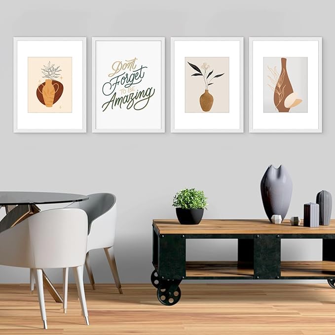 12x16 Picture Frame Set of 4, Displays 8x10 with Mat or 12x16 Without Mat, Photo Frames for Wall Hanging or Tabletop, Includes HD Plexiglass, White