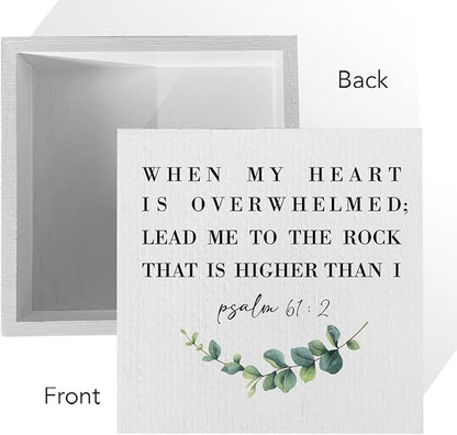 When My Heart Is Overwhelmed Bible Verse Artwork Wood Box Sign Rustic Farmhouse Style Psalm 61 : 2 Christian Wood Block Plaque 5 X 5 Inches Home Office Desk Sign Decor for Presents