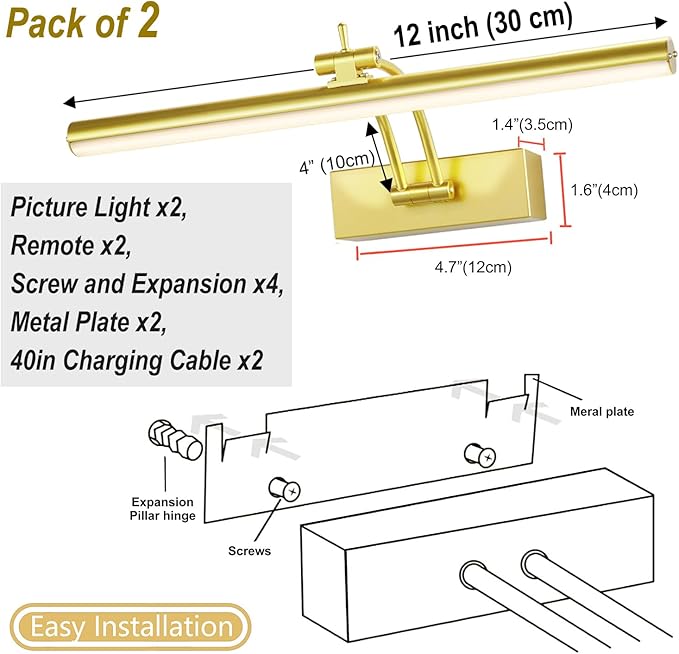 2 Pack Picture Lights for Wall Battery Operated, 12 inch Wireless Art Lighting for Painting, 6 Colors Picture Frame Lights with Remote, 4200mAh Gallery Light, Gold