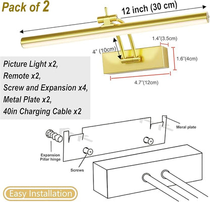 2 Pack Picture Lights for Wall Battery Operated, 12 inch Wireless Art Lighting for Painting, 6 Colors Picture Frame Lights with Remote, 4200mAh Gallery Light, Gold