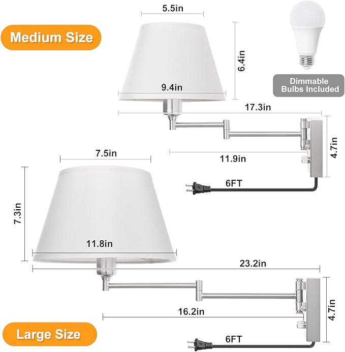 TRLIFE Dimmable Wall Sconce with Remote Control, Adjustable Color Temperature 2700K-6500K and Dimming 10-100% Swing Arm Wall Lights with Plug in Cord, 11.8
