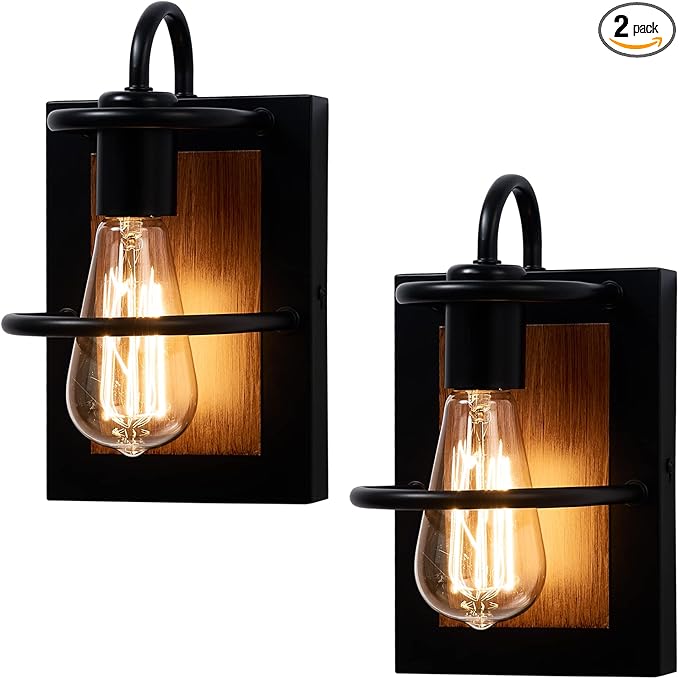 Farmhouse Wall Sconces Lamp Set of Two,Modern Industrial Wall Sconces Lighting Indoor with E26 Base Faux-Wood Color Matte Black Finish,Vintage Wall Mount Light Fixture for Bedroom Living Room Stairway