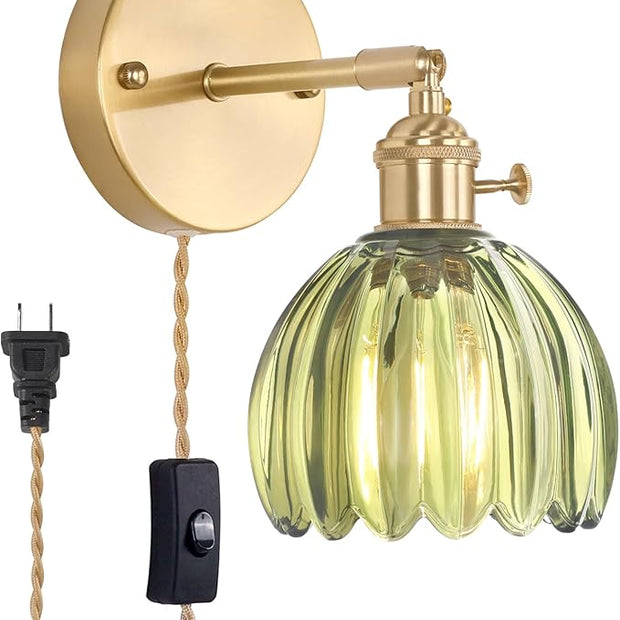 Plug in Wall Sconce, Green Tulip Glass Lampshade Wall Light Plugin Corded for Bedside Bedroom Doorway