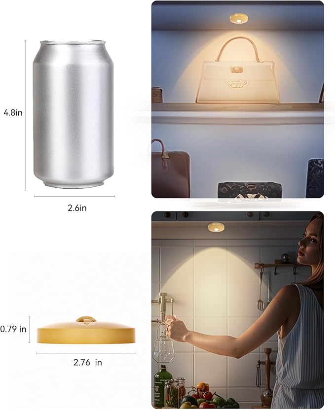 Rechargeable RGB Puck Lights with Remote Control, 1500mAh Battery Operated Push Lights, Dimmable & Timer Under Cabinet Lighting for Closet, Bedroom, Kitchen Gold 12Pcs