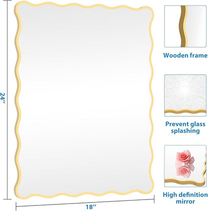 Gold Wavy Mirror Whit Wood Frame, 18" x 24" Small Rectangle Boho Mirror for Nursery Wall Decor, Bathroom Vanity, Bedroom, Living Room, Entryway
