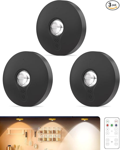 Rechargeable Puck Lights With Remote Control, 1500mAh Battery Operated Tap Lights, Dimmer & Timer Under Cabinet, Wireless LED Stick-On for Closet, Bedroom, Kitchen - Black 3Pcs