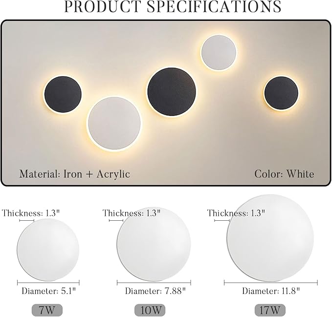 Wall Sconces Modern Light Fixture White/Black Round Disc Wall Sconce Indoor Decorative Wall Light Creative Minimalist Lighting for Living Room Stairs Bedroom Aisle Bathroom Bedsid