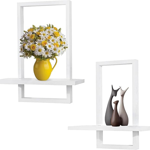 PHOENANCEE Square Wall Shelf,Framed Floating Shelves Set of 2,Decorative Plants Hanging Display Chic for Living Room Bedroom Bathroom Home Office,Soild Wood,L+S,White