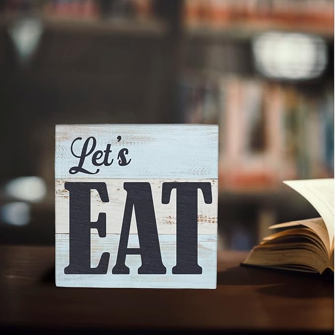 Kitchen Decor Desk Decor Wooden Box Sign Funny Housewarming Gift Rustic Black Wood Block Plaque Box Sign for Home Farmhouse Office Restaurant Kitchen Dining Room Shelf Table Decoration Let's Eat Sign