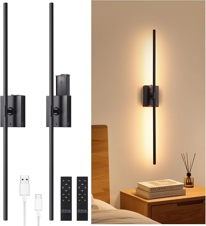 Battery Operated Wall Sconce Set of 2, 10000mAh Rechargeable Wall Sconces with Detachable Battery, Indoor 350°Rotate Wall Lights for Bedroom Living Room, Black, 31.5 Inch