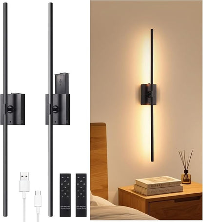 Battery Operated Wall Sconce Set of 2, 10000mAh Rechargeable Wall Sconces with Detachable Battery, Indoor 350°Rotate Wall Lights for Bedroom Living Room, Black, 31.5 Inch