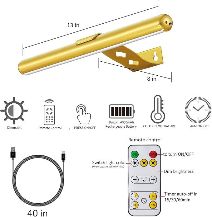 Wireless Picture Light Battery Operated,Rechargeable Painting Light with Remote Control, Metal Art Light Dimmable Display Lamp,3 Modes with Timer for Frame Dartboard Gallery,300LM, Gold