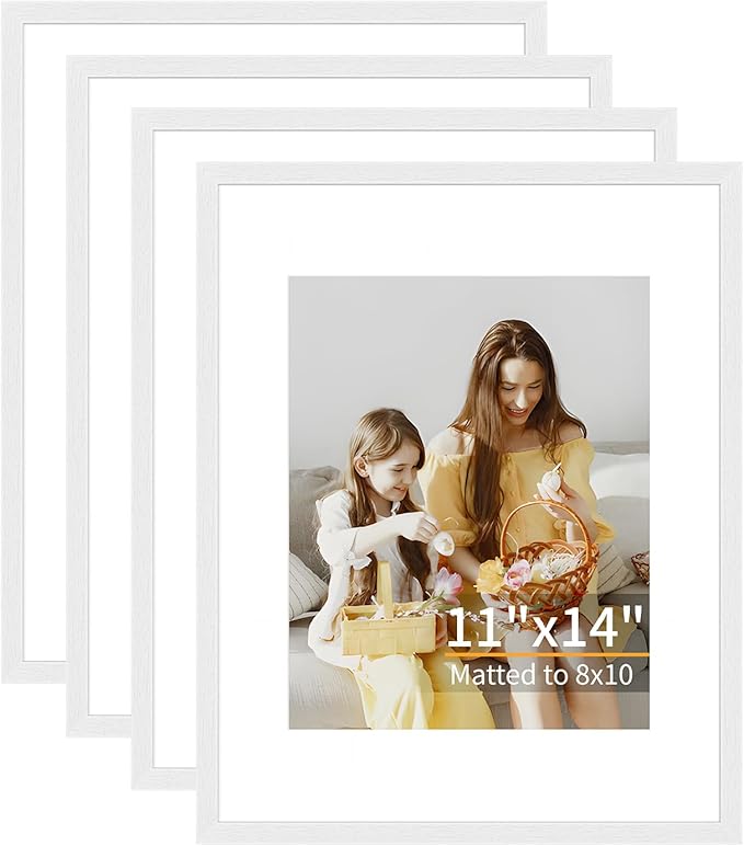 11x14 Picture Frame Set of 4, Displays 8x10 with Mat or 11x14 Without Mat, Photo Frames for Wall Hanging or Tabletop, Includes HD Plexiglass, White