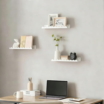 Nursery Book Shelves Set of 6, White Metal Floating Shelves for Wall, 16 Inch Scalloped Book Shelf for Kids Room, Bathroom, Bedroom, Playroom Wall Decor & Storage