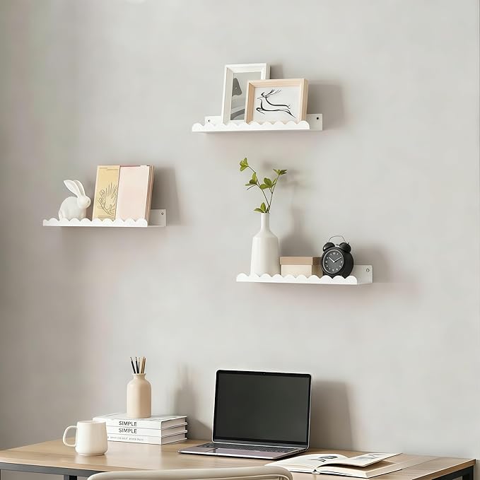 Nursery Book Shelves Set of 6, White Metal Floating Shelves for Wall, 16 Inch Scalloped Book Shelf for Kids Room, Bathroom, Bedroom, Playroom Wall Decor & Storage