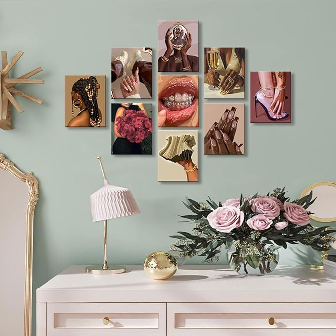 NCYEL 9PCS Black Girl Wall Art Canvas Prints Fashion Aesthetic Posters for Women Bedroom Beauty Room Living Room Salon Glam Wall Decor 8x10 Inch Unframed