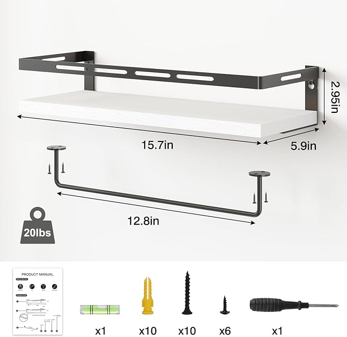YGEOMER Floating Shelves for Bathroom Organizer Over Toilet, Wall Mounted Bathroom Shelves with Towel Bar, Wall Shelf for Bedroom Kitchen Living Room Storage (White-Black)