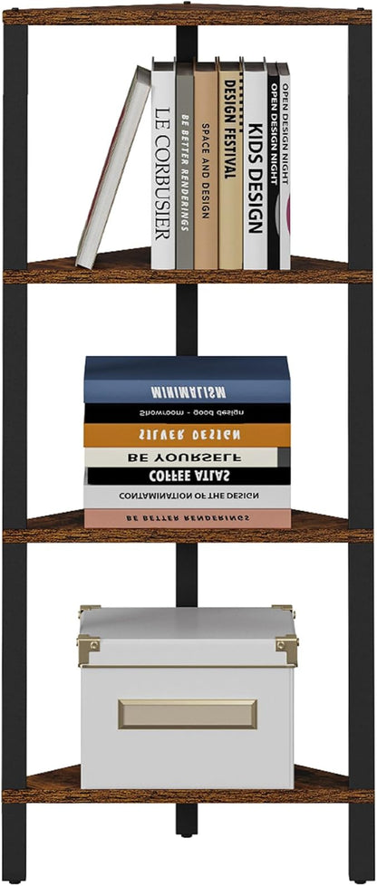 TUTOTAK Corner Shelf, 4-Tier Corner Bookshelf for Small Space, Narrow Display Corner Shelf Stand with Storage Rack, for Living Room, Bedroom, Rustic Brown BS05BB004