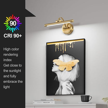 Rechargeable Picture Light for Wall, Dimmable Art Lights for Painting, Battery Operated Wall Sconce with Remote, 3 light Color,Timer & Brightness Setting for Artwork, Gallery(Brass, 12inch)