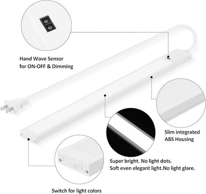 Under Cabinet Light 16 Inch Plug in 110VAC. Hand Wave Activated. 8W LED Light Bar. Bright but Dimmable. Light Color Adjustable. For Kitchen Under Cabinets, Counter, Over Sink Closet Workbench