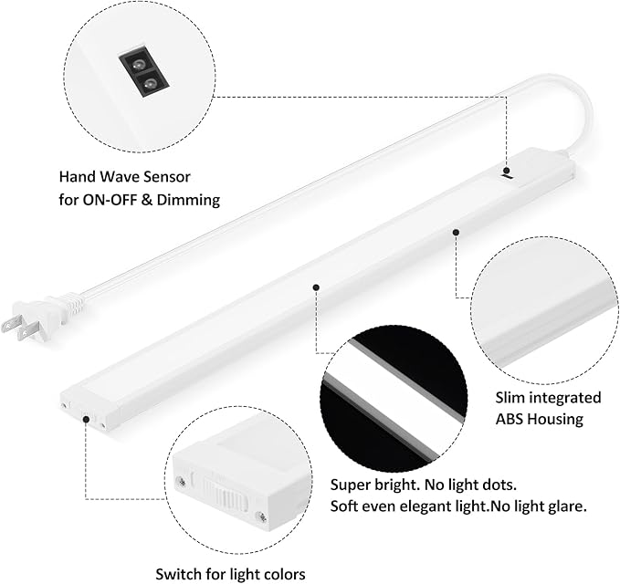 Under Cabinet Light 16 Inch Plug in 110VAC. Hand Wave Activated. 8W LED Light Bar. Bright but Dimmable. Light Color Adjustable. For Kitchen Under Cabinets, Counter, Over Sink Closet Workbench