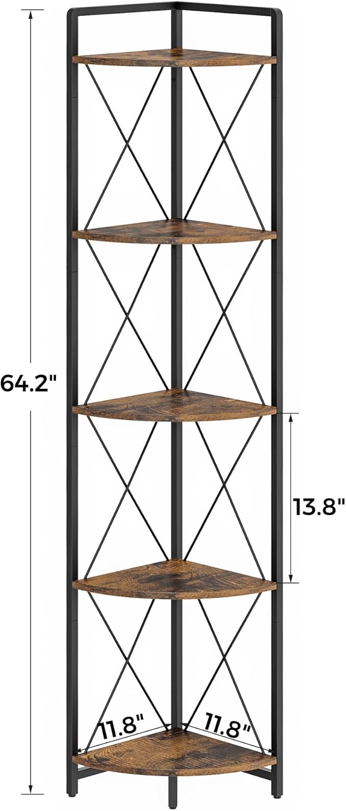 5 Tier Corner Shelf Stand, 64" H Tall Industrial Corner Bookshelf for Living Room Decor, Metal Corner Shelf, Plant Stand Display Shelf for Bedroom, Bathroom, Small Space, Rustic Brown